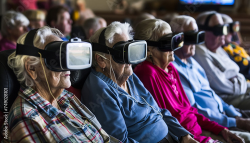 Senior people using virtual reality goggles