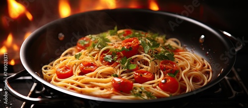 A pan filled with savory boiled spaghetti and topped with fresh tomatoes is placed on a stove, ready to be served. The spaghetti is perfectly cooked and steaming hot, creating a delightful dish.