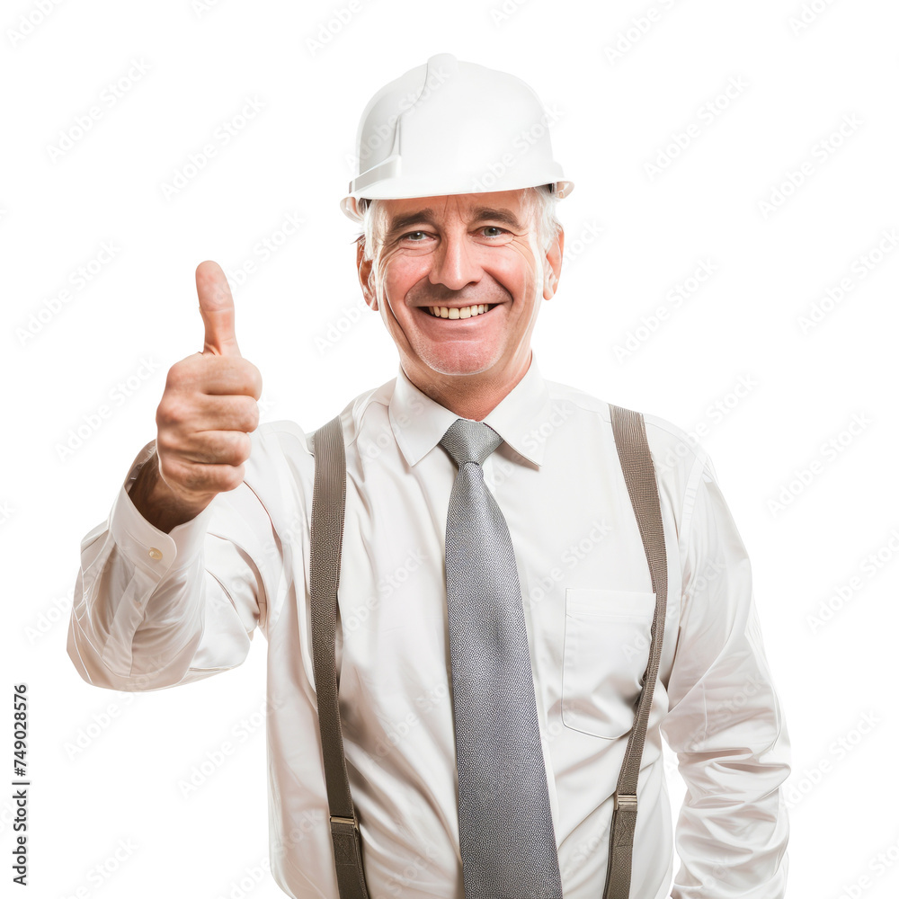Portrait of white male architect, giving a thumbs up and smiling happily, waist up photo, isolated on white