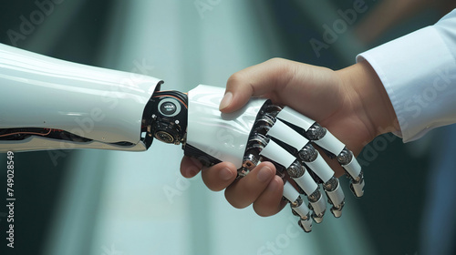 Businessman's hand and AI's hand are holding each other on minimal backdrop