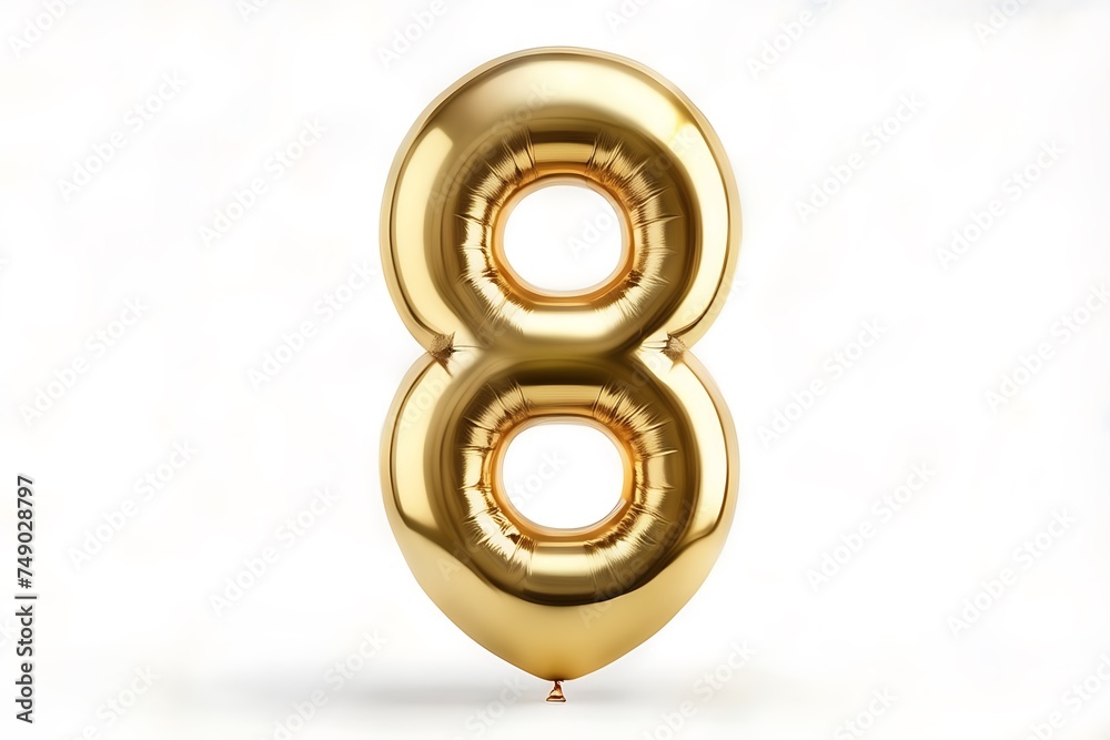 golden balloon shape for number 8 on white background, Golden number eight balloon shape for birthdays, parties and celebrations