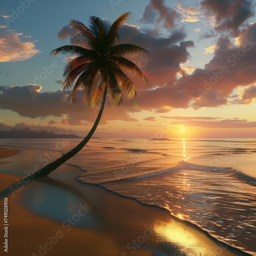 Palm Tree on Beach & Sunset