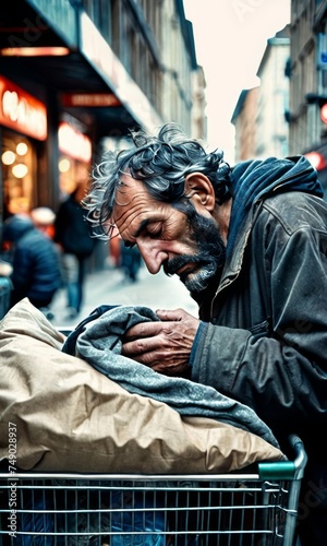 In the heart of the city, an elderly man tenderly handles his belongings, his face a map of life's trials. Against the urban flow, his moment of care stands out, a silent testament to personal history