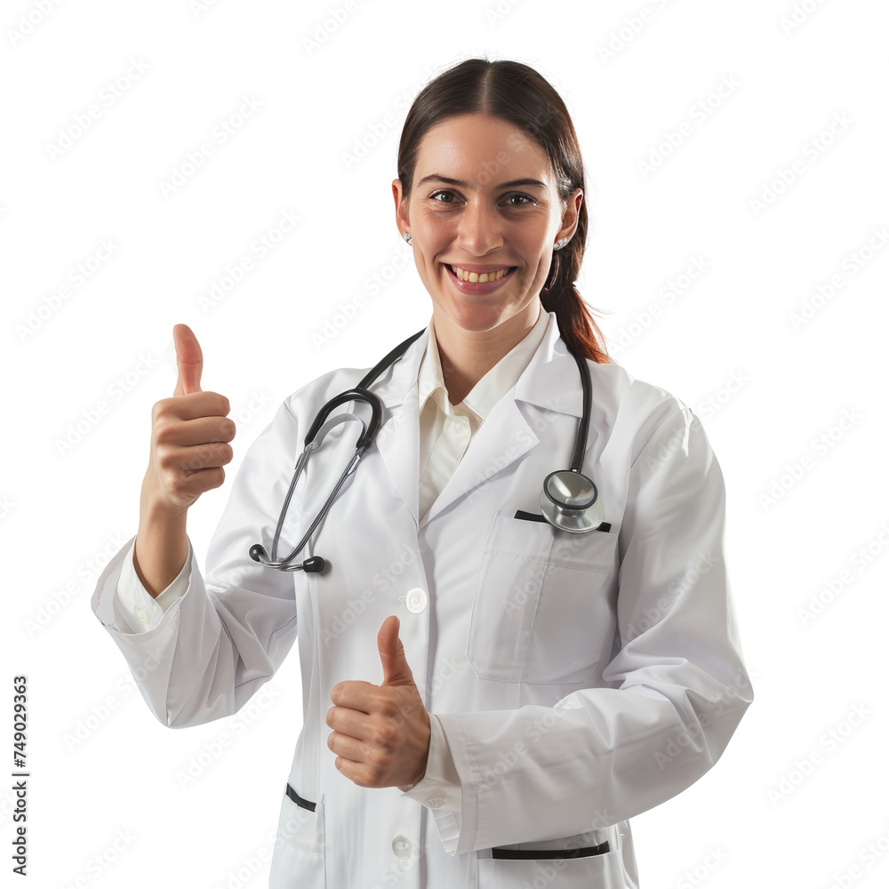 Portrait of white female doctor, giving a thumbs up and smiling happily, waist up photo, isolated on white Portrait of white female doctor, giving a thumbs up and smiling happily, waist up photo, isolated on white