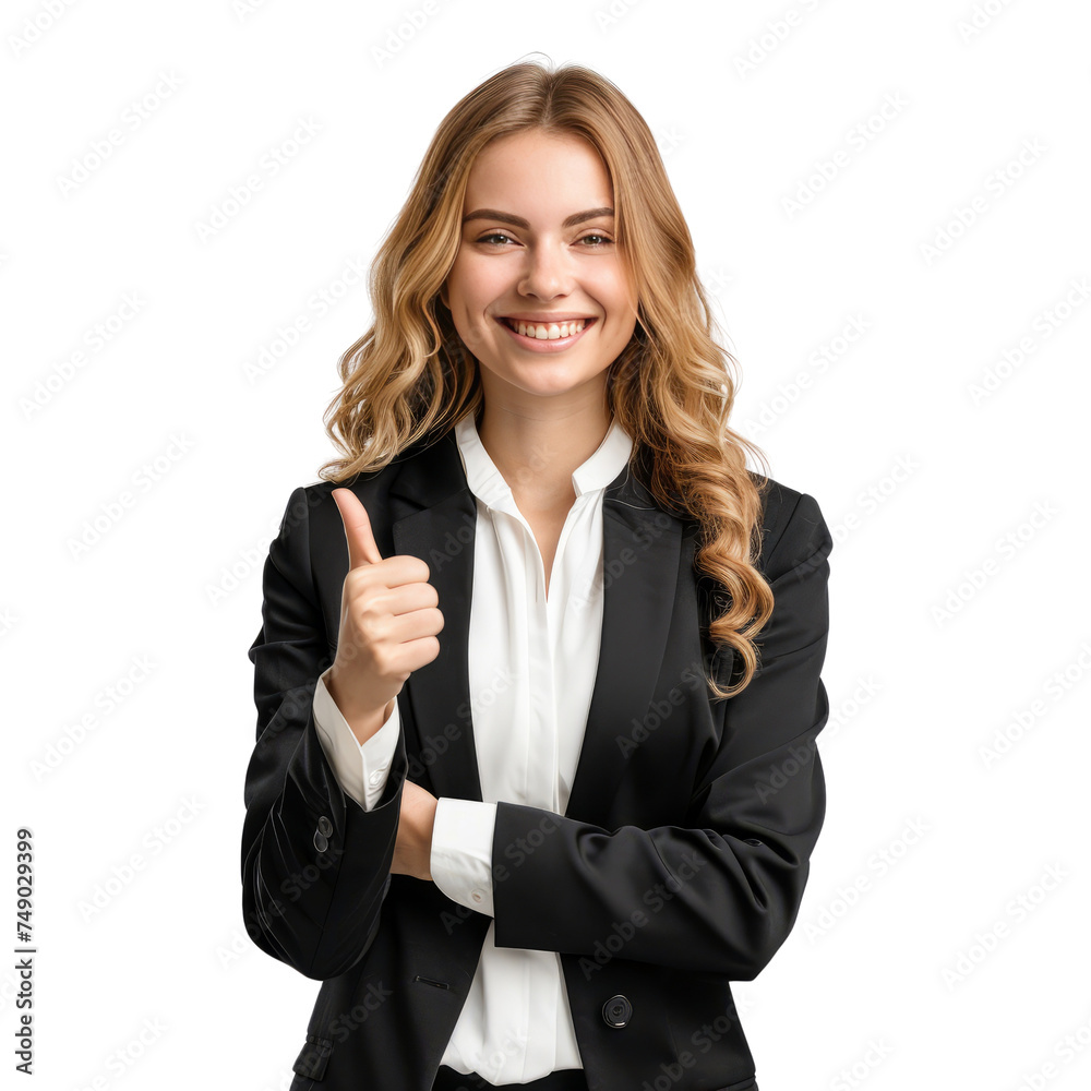 Portrait of white female lawyer, giving a thumbs up and smiling happily, waist up photo, isolated on white Portrait of white female lawyer, giving a thumbs up and smiling happily, waist up photo, isolated on white