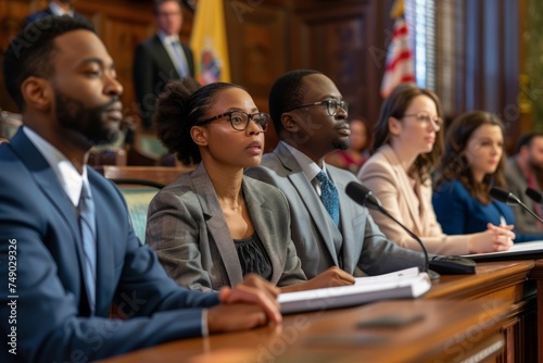 A group of multiracial people are seated at the table in a courthouse