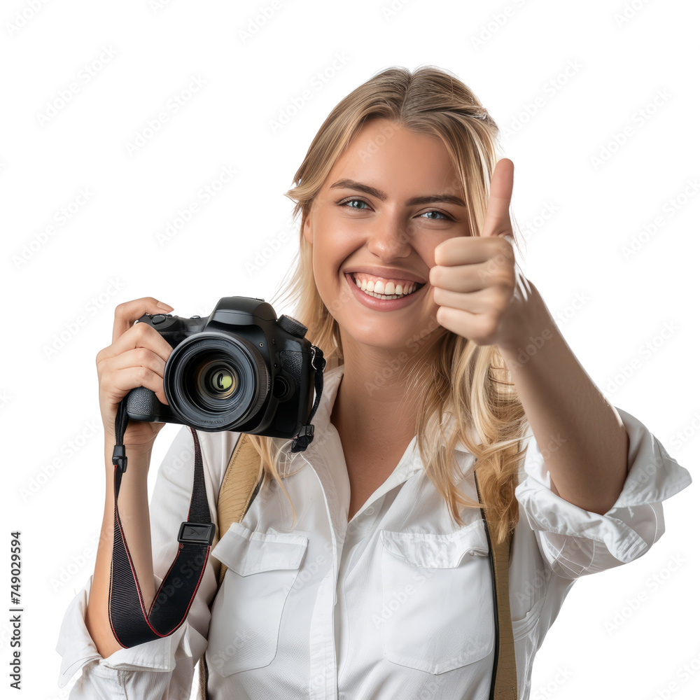Portrait of white female photographer, giving a thumbs up and smiling happily, waist up photo, isolated on white Portrait of white female photographer, giving a thumbs up and smiling happily, waist up photo, isolated on white