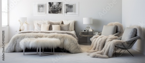 A modern bedroom featuring a bed with fake fur bedding  a chair  and various pictures on the wall. The room is adorned with a silver mirror and an African-inspired blanket.