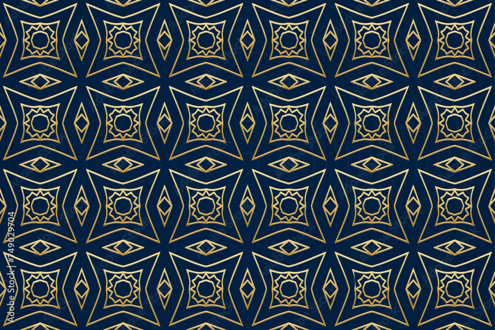 Blue background, cover design. Handmade. Geometric vintage gold 3D pattern. Ornaments, arabesques, boho style. Exotic of the East, Asia, India, Mexico, Aztec, Peru. Ideas for design and decor.