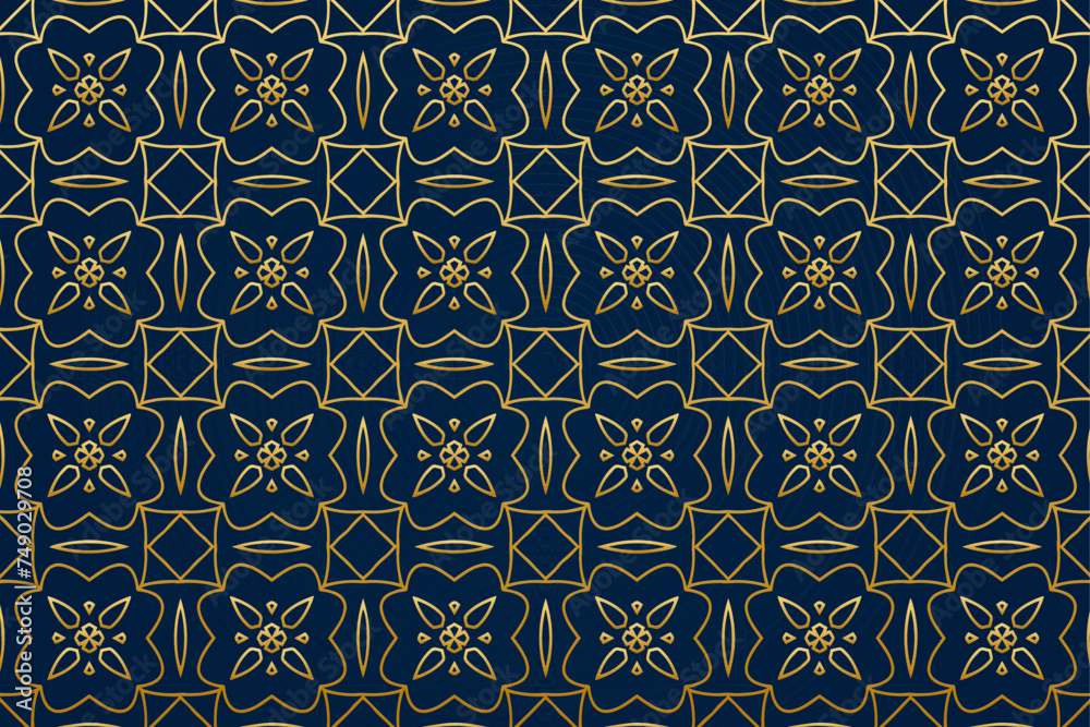 Blue background, cover design. Handmade. Geometric luxury gold 3D pattern. Ornaments, arabesques, boho style. Exotic of the East, Asia, India, Mexico, Aztec, Peru. Ideas for design and decor.