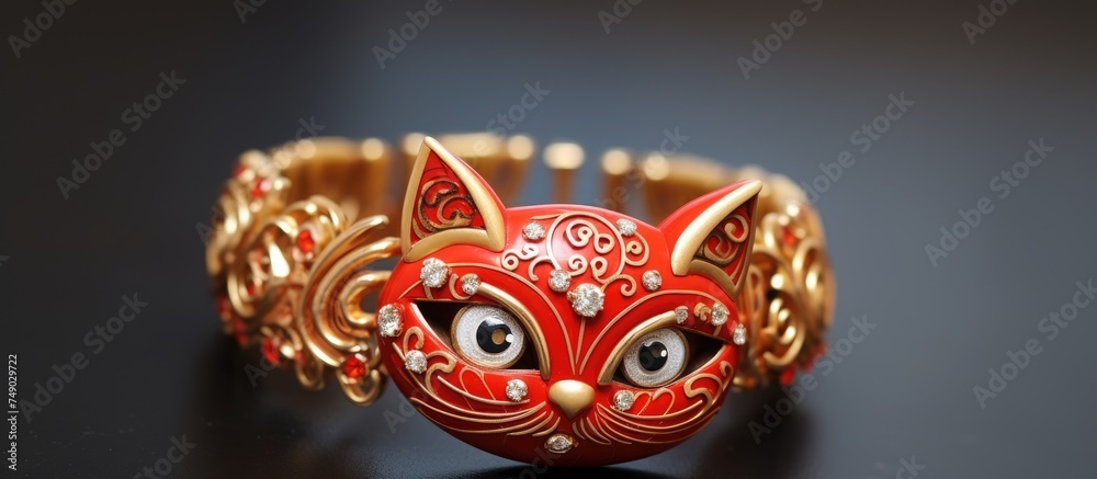 A detailed view of a red cat mask adorned with shiny crystals or diamonds placed on a table. The mask is intricately designed with feline features and a vibrant red color.