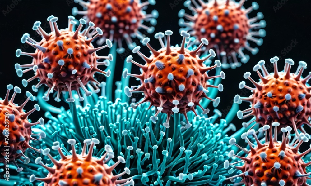 A vivid image showcasing a horde of viruses in contrasting teal and orange, symbolizing the duality of infectious agents. The artwork captures their ominous presence. AI generation