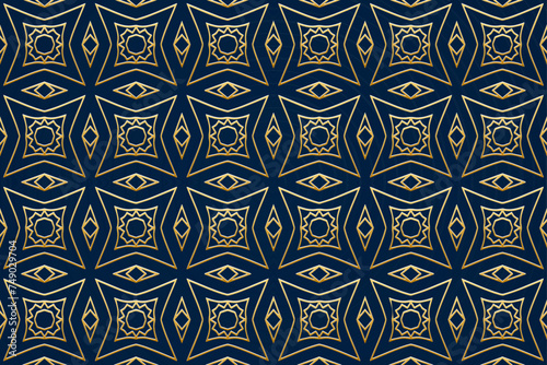 Blue background, cover design. Handmade. Geometric vintage gold 3D pattern. Ornaments, arabesques, boho style. Exotic of the East, Asia, India, Mexico, Aztec, Peru. Ideas for design and decor.