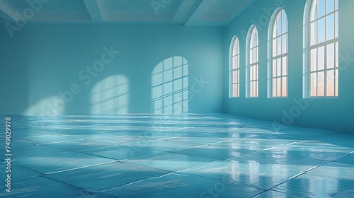 Empty room with windows and glossy tiles on the floor, delicate blue shades, 3d visualization. Digital drawing.