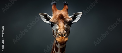 A detailed close-up of a giraffes head is shown against a stark black background. The giraffe exudes a sense of confidence and elegance, with its distinctive long neck and patterned fur visible.
