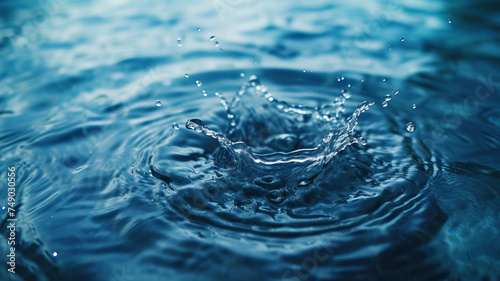 A pristine water droplet creates a dynamic splash  symbolizing purity and fluidity in a tranquil blue environment  captured with high-speed photography techniques AI Generative.