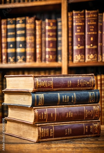 Vintage books, their spines rich with gilt lettering, rise in a majestic stack against the scholarly backdrop of a personal library, each volume a storied repository of knowledge and human thought