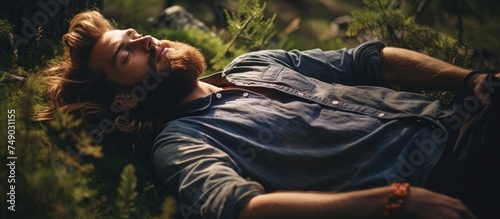 A bearded hipster man with his eyes closed, laying peacefully on the grass in a forest setting, lost in his dreams.