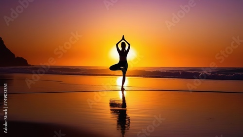 Silhouette of a girl at sunset doing yoga and meditation, A young healthy woman doing yoga on the beach at sunset