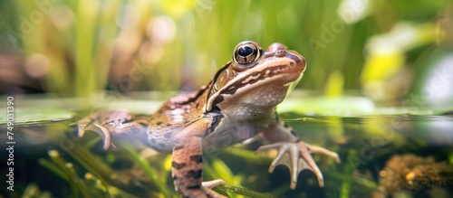 A Common frog, native to East Sussex UK, is seen sitting in a garden pond filled with water. The frog is surrounded by spawn piles as it calmly rests in the water. photo