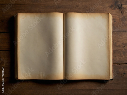 open old book blank yellow pages with stains on wooden table design element background