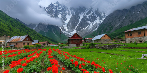 Painting meadows in the mountains are strewn with flowers and herbs, creating a carpet from b photo