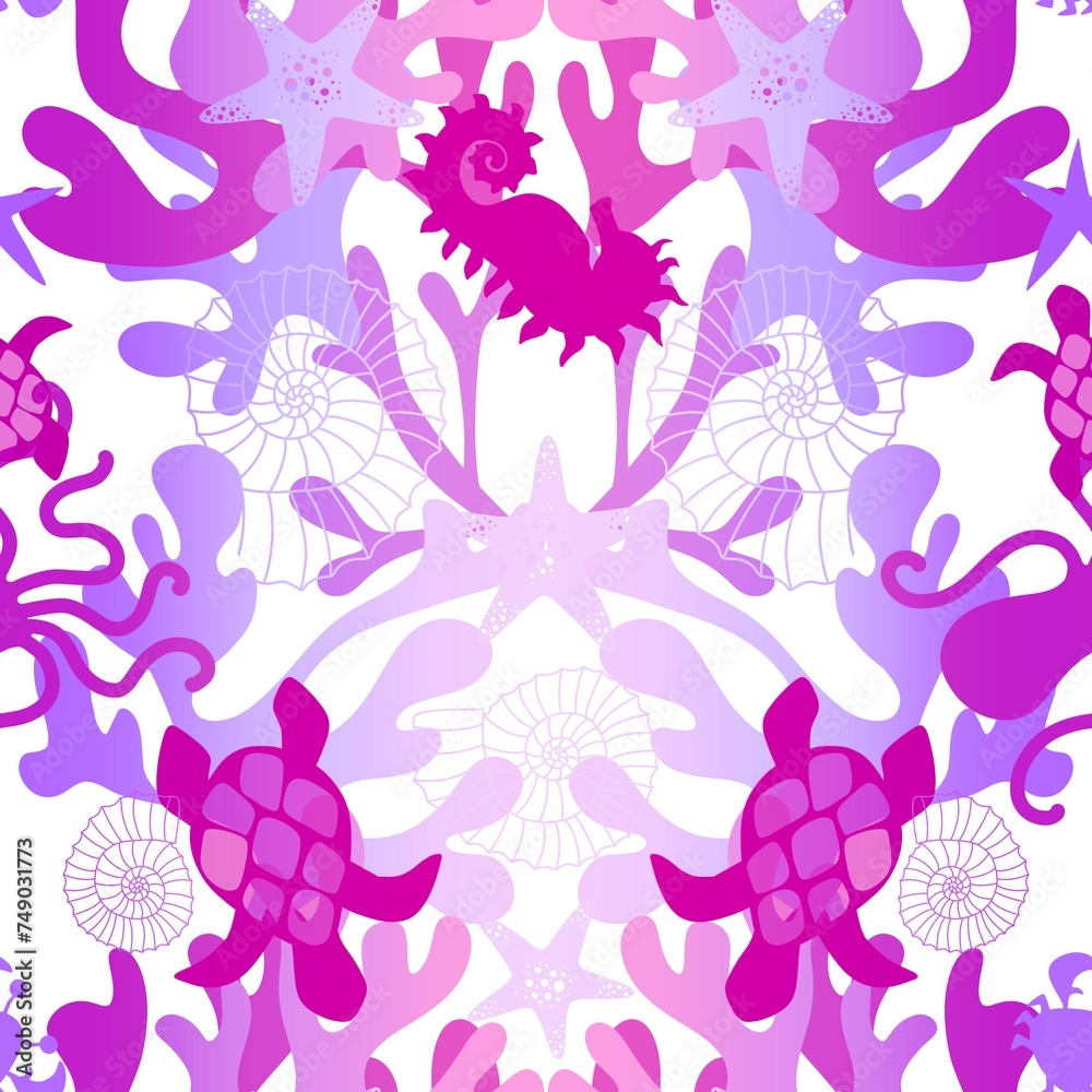 Cartoon animals seamless starfish and turtle and shell and crabs and octopus pattern for fabrics Cartoon animals seamless starfish and turtle and shell and crabs and octopus pattern for fabrics