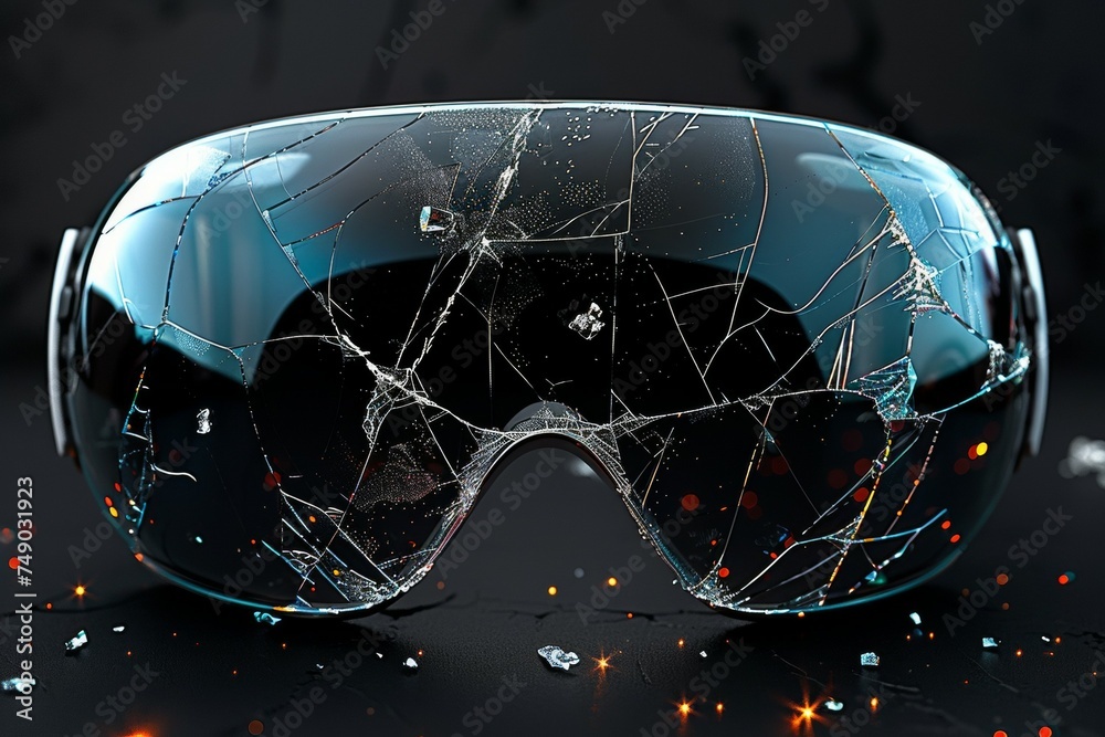 Broken virtual reality glasses with cracks. Background with selective focus and copy space - obrazy, fototapety, plakaty 