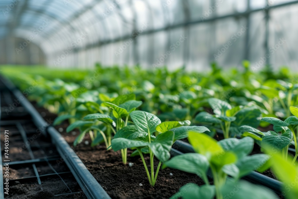 Seedlings in a greenhouse. Background with selective focus and copy space Seedlings in a greenhouse. Background with selective focus and copy space