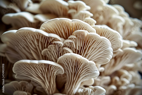 Mycelium with mushrooms, bottom view. Background with selective focus and copy space