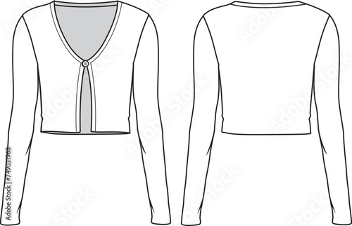 Women's Rib Crop, Open Front Cardigan. Technical fashion illustration. Front and back, white color. Women's CAD mock-up.