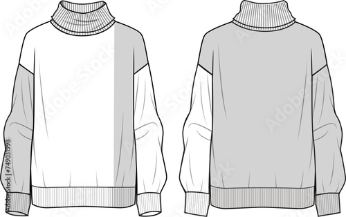 Women's Roll-Neck Colour-block Jumper. Technical fashion illustration. Front and back, grey and white. Women's CAD mock-up.