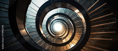 A modern spiral staircase with a sleek black railing stretches upwards, leading towards a bright light illuminating the top. The geometric structure creates a visually striking composition.