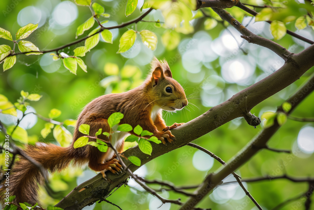 A playful squirrel hopping between branches, with a lush green canopy as the backdrop A playful squirrel hopping between branches, with a lush green canopy as the backdrop