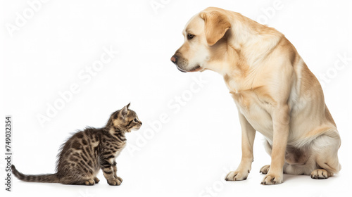 A cute Labrador Retreiver dog is curious about a kitten