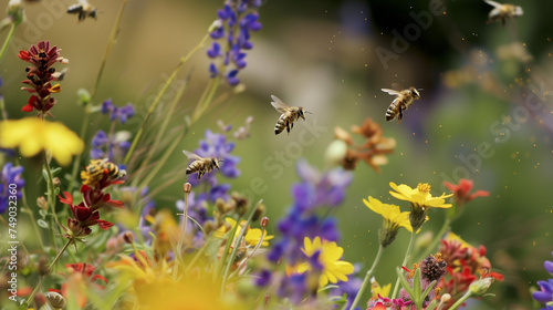 Bees buzzing around a colorful patch of wildflowers, choreographing a pollination ballet photo