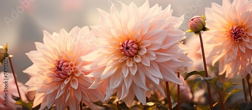 A bunch of creamy pink Sweet Suzanne dahlia flowers are standing tall in the lush green grass in a garden during late summer and autumn. The intricate petals of the flowers contrast beautifully with