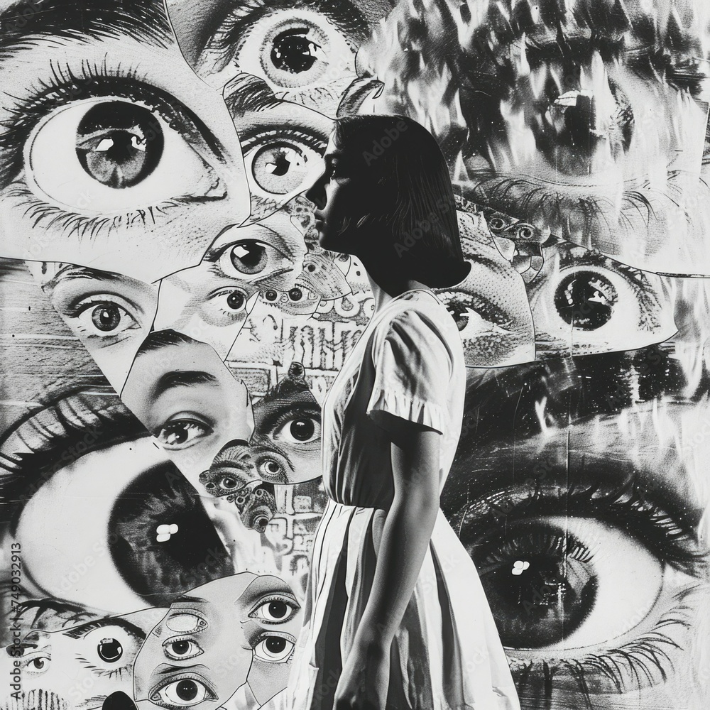 Obraz premium Collage Girl woman stands against the wall with big eyes. Black and white. Concept of fear, surprise, thoughts, reflection. Psychology.
