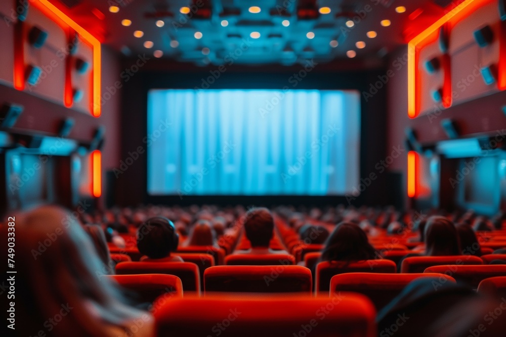 A movie theater with a red curtain and a blue screen