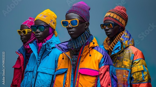 fashion - 4 dark-skinned persons with colorful winter clothing