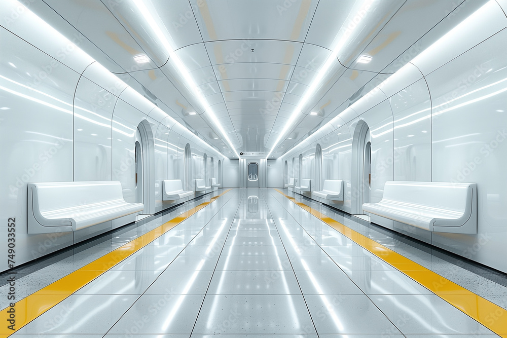 A hallway with white walls and yellow lines stretching into the distance, mockup A hallway with white walls and yellow lines stretching into the distance, mockup