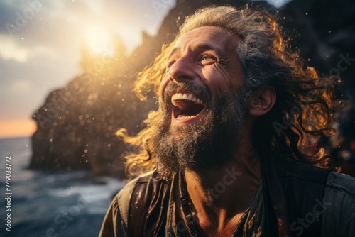 A man with a beard and long hair is smiling and laughing