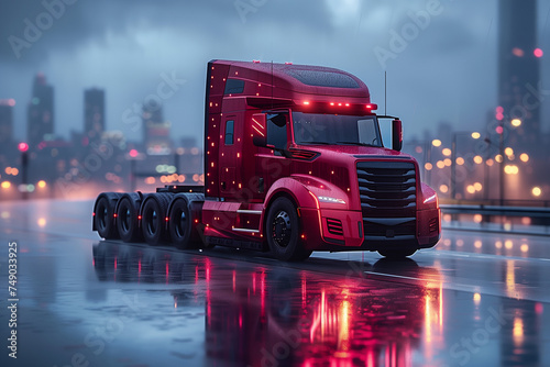 A red semi truck navigates along a wet road, splashing water as it moves forward under cloudy skies photo