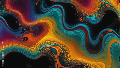 Different colored liquids mix together very dynamically to create abstract shapes and color combinations