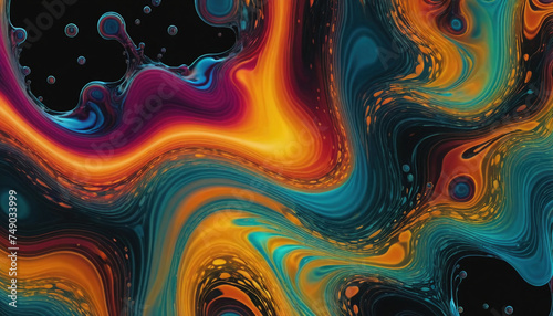Different colored liquids mix together very dynamically to create abstract shapes and color combinations photo