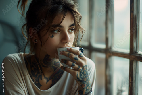 tattooed woman drinking coffee