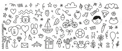Set of cute hand drawn doodle set of simple kids decorative elements. Black collection of scribble  animal  flower  sun  cloud. Vector illustration