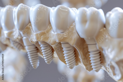 Extreme closeup of an artificial tooth root and crown for dental implantation, expertly designed through AI-powered 3D software for incredibly naturalistic, anatomically precise results photo