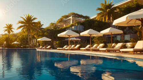 sun lounger with umbrella by the pool, hotel vacation © tanya78