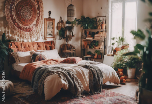 Bohemian interior design of modern bedroom